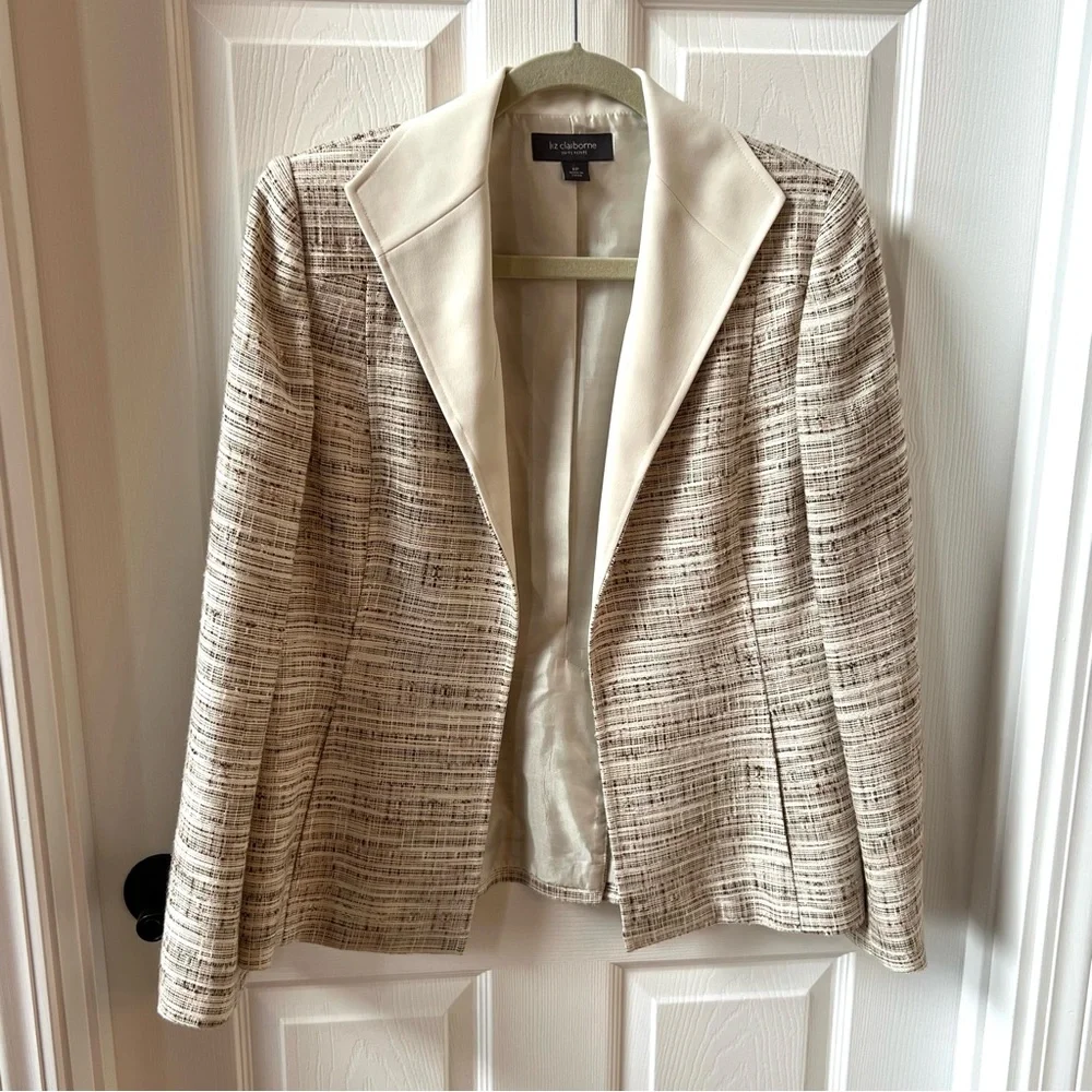 ⭐️ Liz Claiborne Suits Open Tweed Blazer Brown Ivory Size 8P - Picture 3 of 13